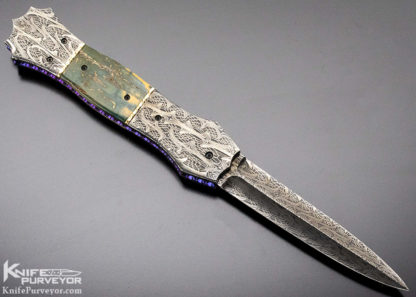 Jim Minnick Custom Knife Mosaic Damascus & Mammoth with 14Kt Gold Spacer Automatic Linerlock Dagger - Image 4