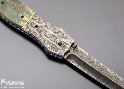 Jim Minnick Custom Knife Mosaic Damascus & Mammoth with 14Kt Gold Spacer Automatic Linerlock Dagger - Image 5