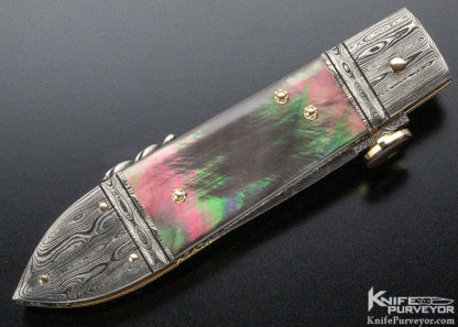 Jim Schmidt Custom Knife 14kt. Gold Lined Damascus and Black Lip Pearl Lockback - Image 5