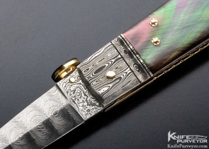 Jim Schmidt Custom Knife 14kt. Gold Lined Damascus and Black Lip Pearl Lockback - Image 3