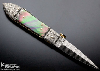 Jim Schmidt Custom Knife 14kt. Gold Lined Damascus and Black Lip Pearl Lockback - Image 6