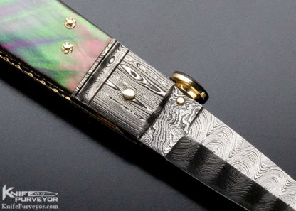 Jim Schmidt Custom Knife 14kt. Gold Lined Damascus and Black Lip Pearl Lockback - Image 2