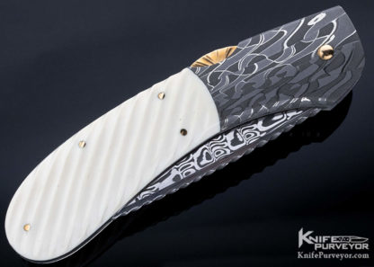 Joe Kious Custom Knife Damascus Automatic Front Lock with Gold Pins - Image 3