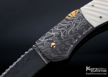Joe Kious Custom Knife Damascus Automatic Front Lock with Gold Pins