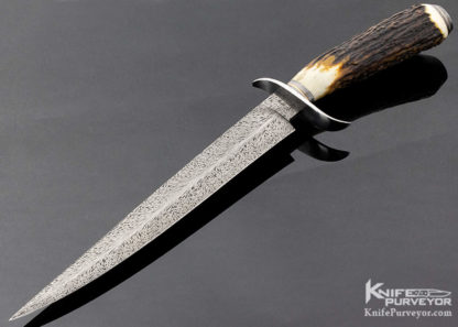 Kevin Casey Custom Knife Stag S-Guard Fighter with Feather Damascus - Image 7