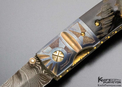 Mel Pardue Custom Knife Engraved Bolster with Damascus & Buffalo Horn Linerlock - Image 2