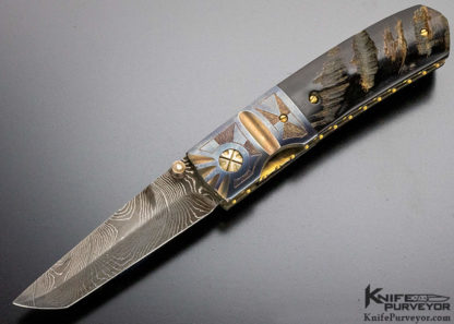 Mel Pardue Custom Knife Engraved Bolster with Damascus & Buffalo Horn Linerlock - Image 5