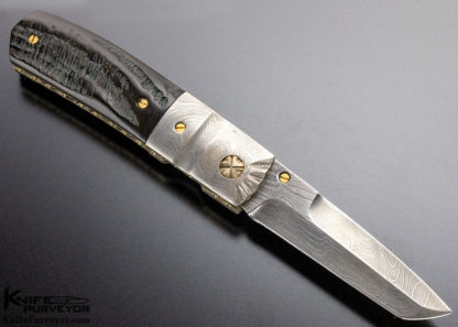 Mel Pardue Custom Knife Damascus & Buffalo Horn Tanto Linerlock - Image 2