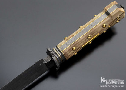 Mike Quesenberry Custom Knife Master Smith Twist Damascus "Dog Bone" Bowie Gold Fittings and Mammoth Scales - Image 5