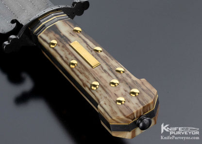 Mike Quesenberry Custom Knife Master Smith Twist Damascus "Dog Bone" Bowie Gold Fittings and Mammoth Scales