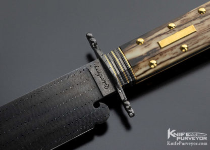 Mike Quesenberry Custom Knife Master Smith Twist Damascus "Dog Bone" Bowie Gold Fittings and Mammoth Scales - Image 2