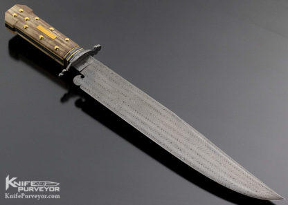 Mike Quesenberry Custom Knife Master Smith Twist Damascus "Dog Bone" Bowie Gold Fittings and Mammoth Scales - Image 4