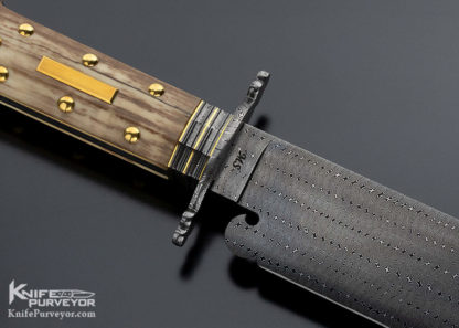 Mike Quesenberry Custom Knife Master Smith Twist Damascus "Dog Bone" Bowie Gold Fittings and Mammoth Scales - Image 9