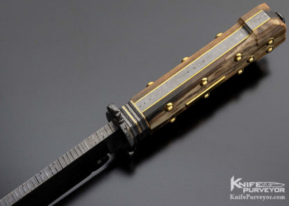 Mike Quesenberry Custom Knife Master Smith Twist Damascus "Dog Bone" Bowie Gold Fittings and Mammoth Scales - Image 6
