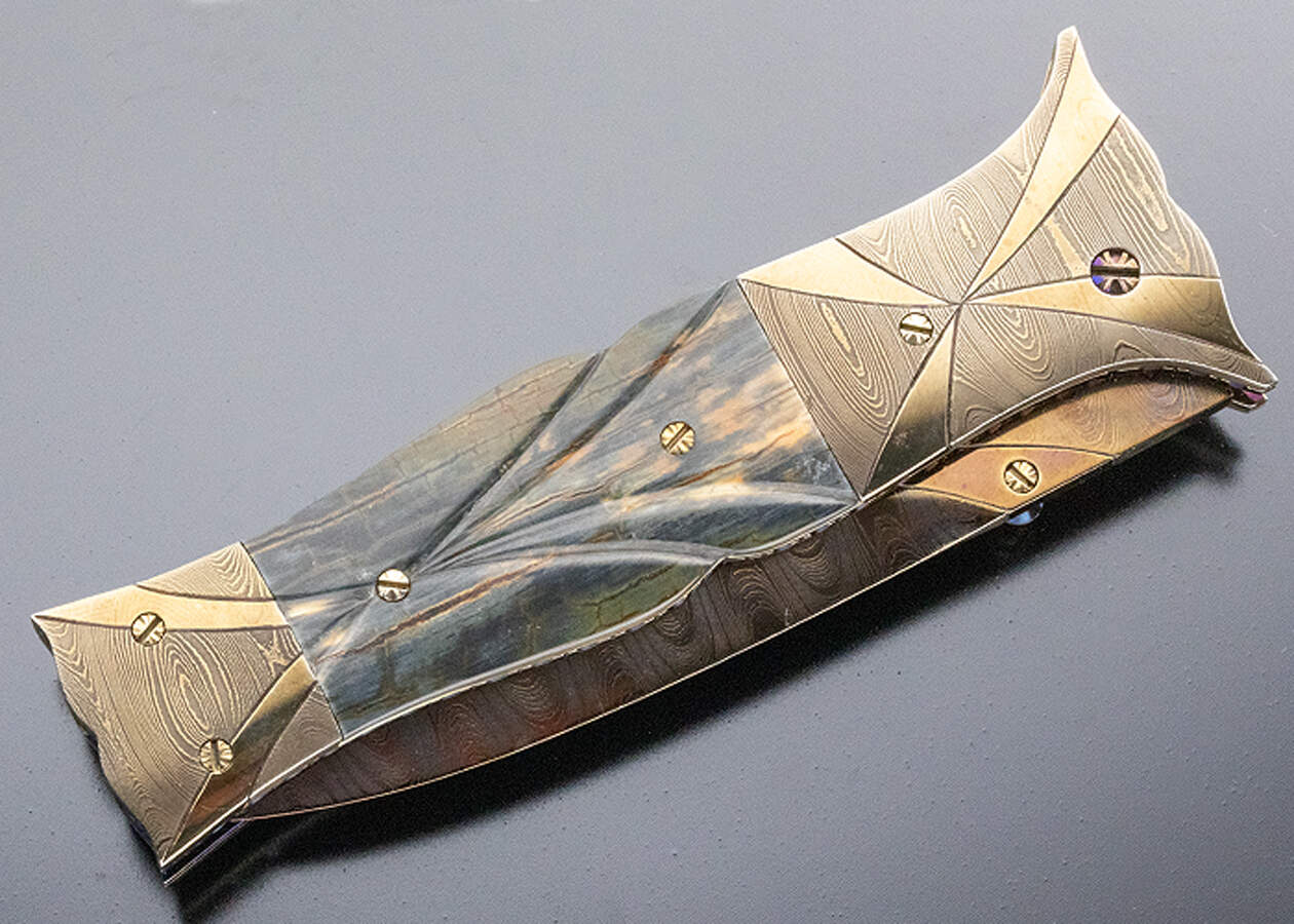 Rick Dunkerley Custom Knife Sole Authorship Damascus Fluted Mammoth Automatic Linerlock - Image 3