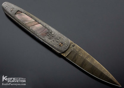 Rick Dunkerley Custom Knife Damascus Black Lip Pearl Window Frame Linerlock