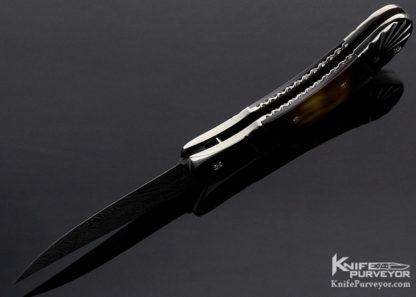Ron Newton Custom Knife Sole Authorship Damascus and Fluted Nickel Silver with Black Lip Tahitian Pearl Shell Automatic - Image 6