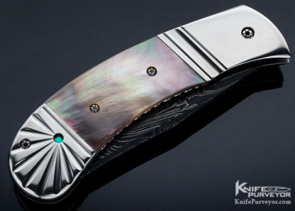 Ron Newton Custom Knife Sole Authorship Damascus and Fluted Nickel Silver with Black Lip Tahitian Pearl Shell Automatic - Image 7