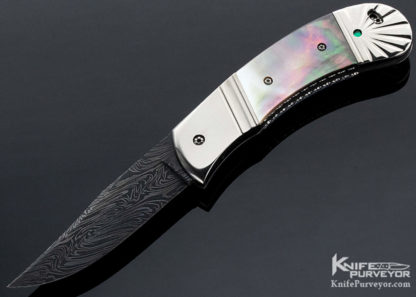 Ron Newton Custom Knife Sole Authorship Damascus and Fluted Nickel Silver with Black Lip Tahitian Pearl Shell Automatic - Image 5