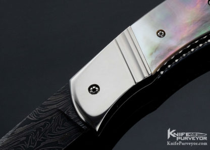 Ron Newton Custom Knife Sole Authorship Damascus and Fluted Nickel Silver with Black Lip Tahitian Pearl Shell Automatic
