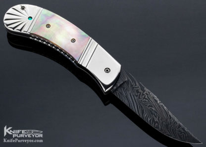Ron Newton Custom Knife Sole Authorship Damascus and Fluted Nickel Silver with Black Lip Tahitian Pearl Shell Automatic - Image 2