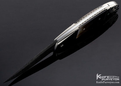 Ron Newton Custom Knife Sole Authorship Damascus and Fluted Nickel Silver with Black Lip Tahitian Pearl Shell Automatic - Image 3