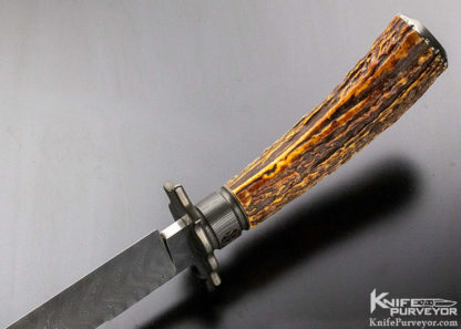 Ron Newton Master Smith Custom Knife Sole Authorship Damascus and Premium Stag Bowie with, Amber behind Stars