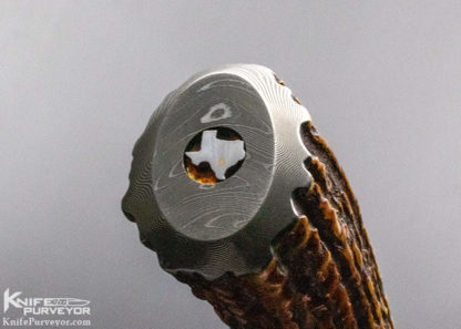 Ron Newton Master Smith Custom Knife Sole Authorship Damascus and Premium Stag Bowie with, Amber behind Stars - Image 6