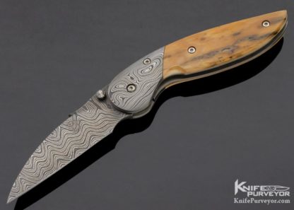 David Broadwell Custom Knife Mammoth & Damascus Linerlock 11123 Open