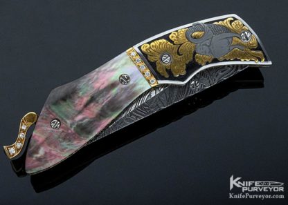 George Dailey Custom Knife Engraved by Julie Warenski Jewel Encrusted with Damascus and Black Lip Pearl Linerlock - Image 3