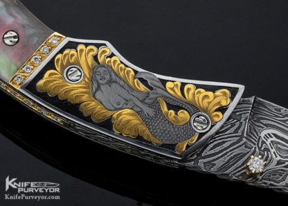 George Dailey Custom Knife Engraved by Julie Warenski Jewel Encrusted with Damascus and Black Lip Pearl Linerlock - Image 6