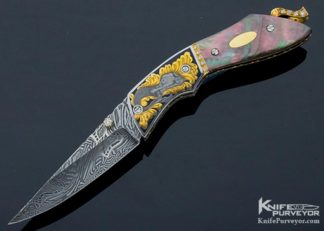George Dailey Custom Knife Engraved by Julie Warenski Jewel Encrusted with Damascus and Black Lip Pearl Linerlock 12641