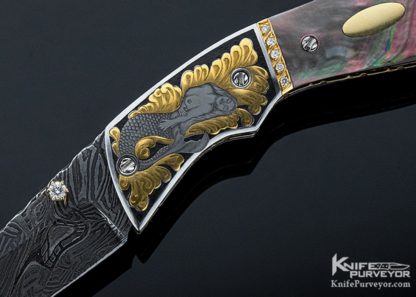 George Dailey Custom Knife Engraved by Julie Warenski Jewel Encrusted with Damascus and Black Lip Pearl Linerlock - Image 2