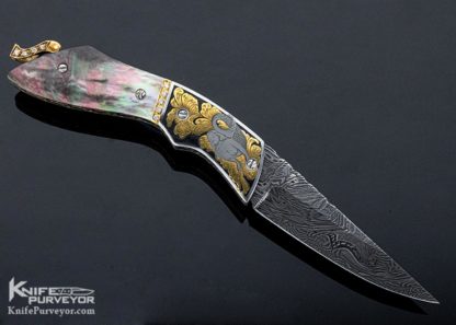 George Dailey Custom Knife Engraved by Julie Warenski Jewel Encrusted with Damascus and Black Lip Pearl Linerlock - Image 4