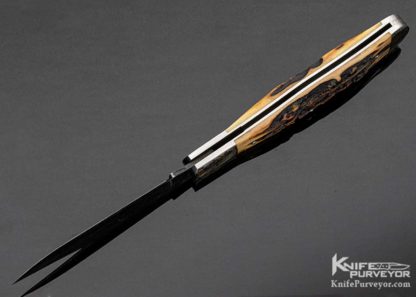 Harvey Dean Custom Knife Sole Authorship Engraved Feather Damascus & Stag Engraved Integral Coke Bottle Slip Joint - Image 7