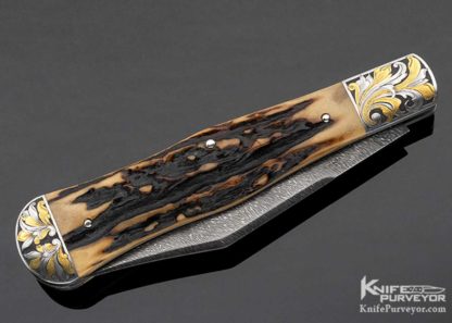 Harvey Dean Custom Knife Sole Authorship Engraved Feather Damascus & Stag Engraved Integral Coke Bottle Slip Joint - Image 3