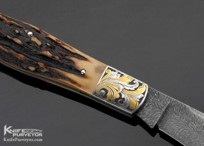 Harvey Dean Custom Knife Sole Authorship Engraved Feather Damascus & Stag Engraved Integral Coke Bottle Slip Joint - Image 2