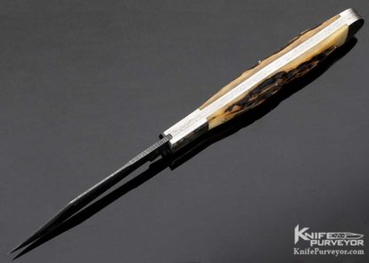 Harvey Dean Custom Knife Sole Authorship Engraved Feather Damascus & Stag Engraved Integral Coke Bottle Slip Joint - Image 6