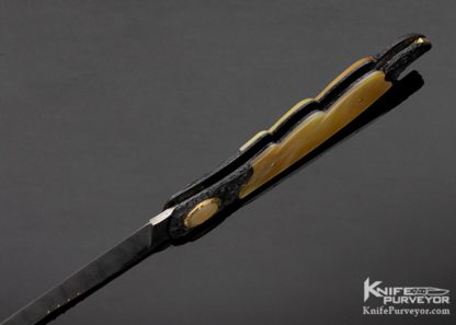 Howard Hitchmough Custom Knife Damasteel, Blued Textured Steel with Gold Lip Pearl Inlaid Gold Pivot & Gold Lip Pearl Midlock - Image 7