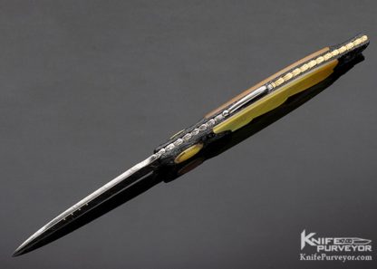 Howard Hitchmough Custom Knife Damasteel, Blued Textured Steel with Gold Lip Pearl Inlaid Gold Pivot & Gold Lip Pearl Midlock - Image 6