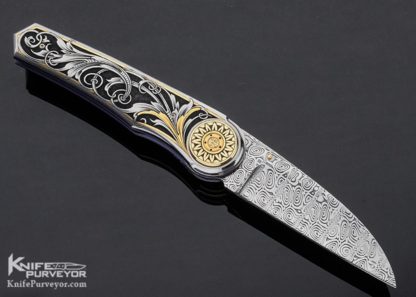 Howard Hitchmough Custom Knife Engraved By Tim George with Damasteel Damascus and 24Kt. Gold Inlay - Image 5