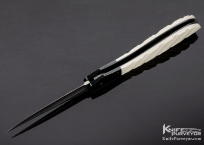 Jim and Joyce Minnick Custom Knife Damascus & 24 Kt Gold Inlaid Blued Steel with Fluted Mammoth Button Release Automatic - Image 7