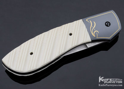 Jim and Joyce Minnick Custom Knife Damascus & 24 Kt Gold Inlaid Blued Steel with Fluted Mammoth Button Release Automatic - Image 3