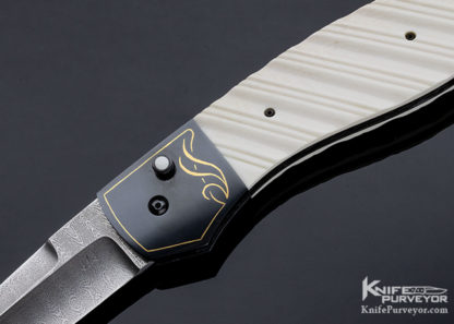 Jim and Joyce Minnick Custom Knife Damascus & 24 Kt Gold Inlaid Blued Steel with Fluted Mammoth Button Release Automatic - Image 2