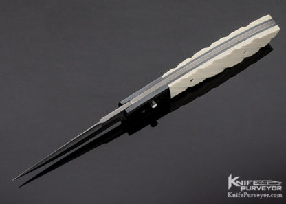 Jim and Joyce Minnick Custom Knife Damascus & 24 Kt Gold Inlaid Blued Steel with Fluted Mammoth Button Release Automatic - Image 6