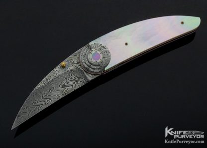 Owen Wood Custom Knife Damasteel and Mother of Pearl Crescent Linerlock 11046