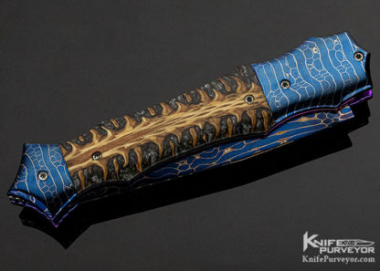 Rainy Vallotton Custom Knife Spruce Cone and Blued Damascus D/A Automatic Linerlock - Image 3
