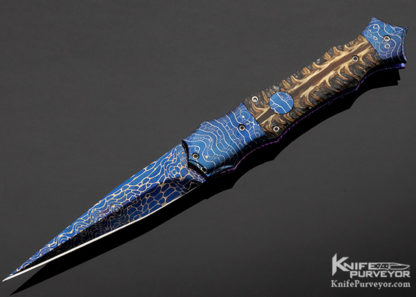 Rainy Vallotton Custom Knife Spruce Cone & Blued Damascus D/A Automatic Linerlock 14671