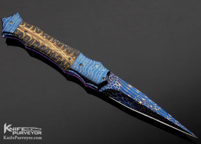 Rainy Vallotton Custom Knife Spruce Cone and Blued Damascus D/A Automatic Linerlock - Image 4