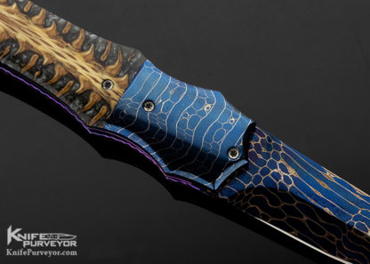 Rainy Vallotton Custom Knife Spruce Cone and Blued Damascus D/A Automatic Linerlock - Image 5